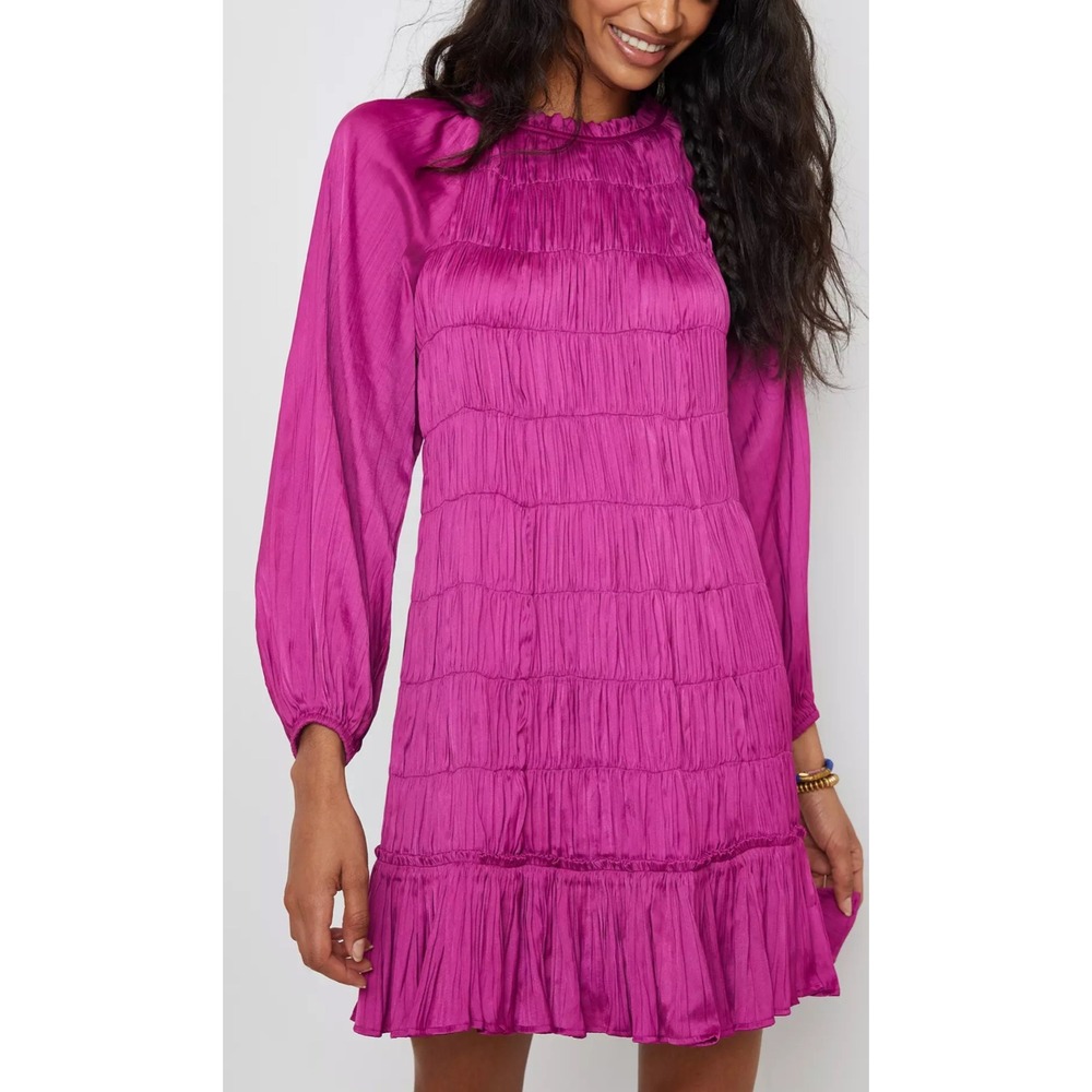 Maeve by Anthropologie Tasha Smocked Mini Dress NWT Magenta Large Pleated Tiered